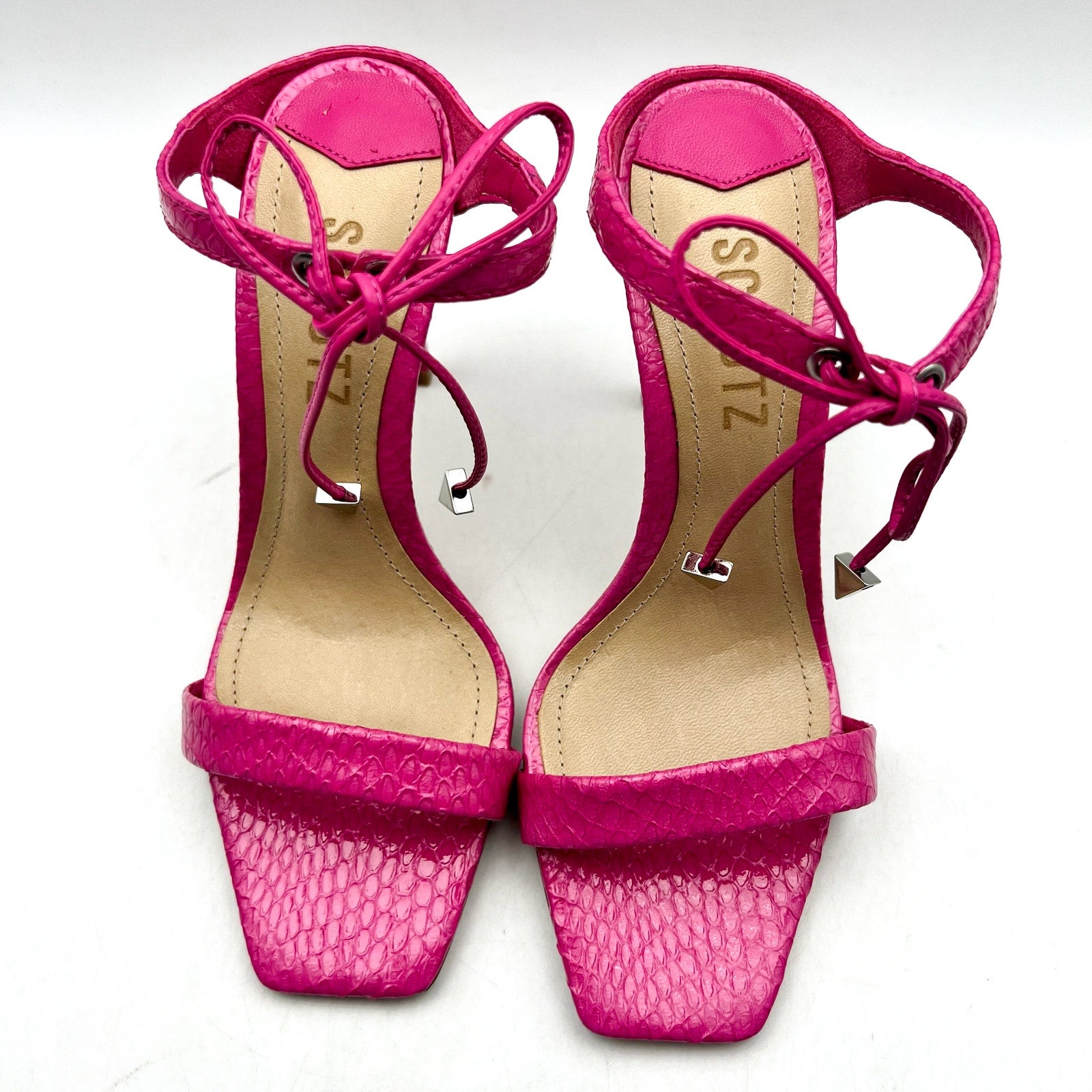 SCHUTZ Womens Mavis Heel Sandals Size 5.5 B Snake Shine Paradise Pink NIB