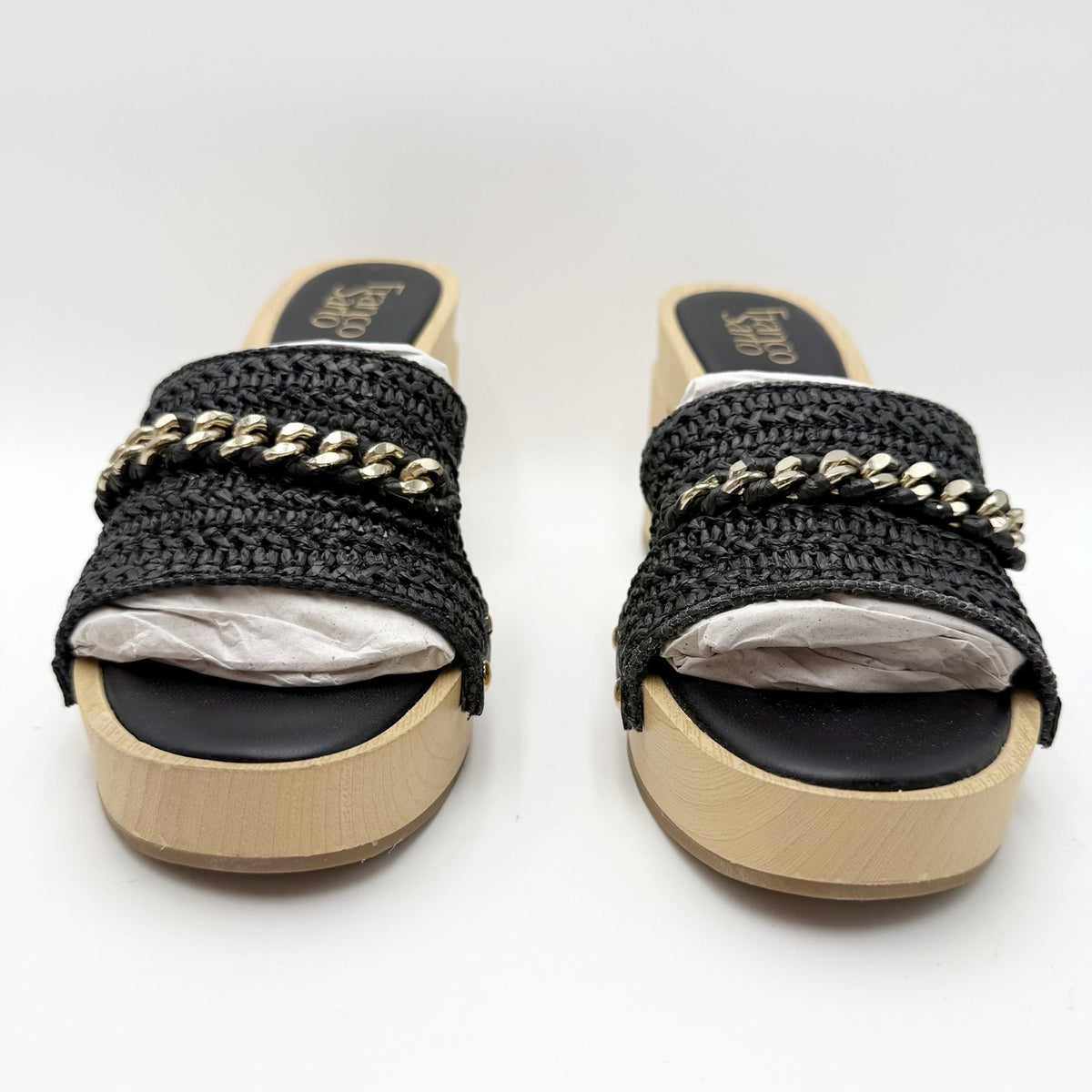 Franco Sarto Womens Capri Dressy Heeled Sandals Size 8 M Black Natural Wood NIB