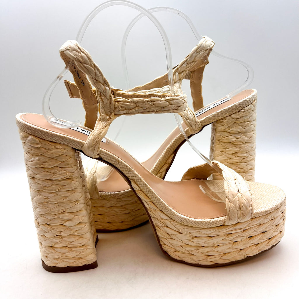 STEVE MADDEN Tiera Platform Heeled Sandals Size 10 Cream Raffia NWOB