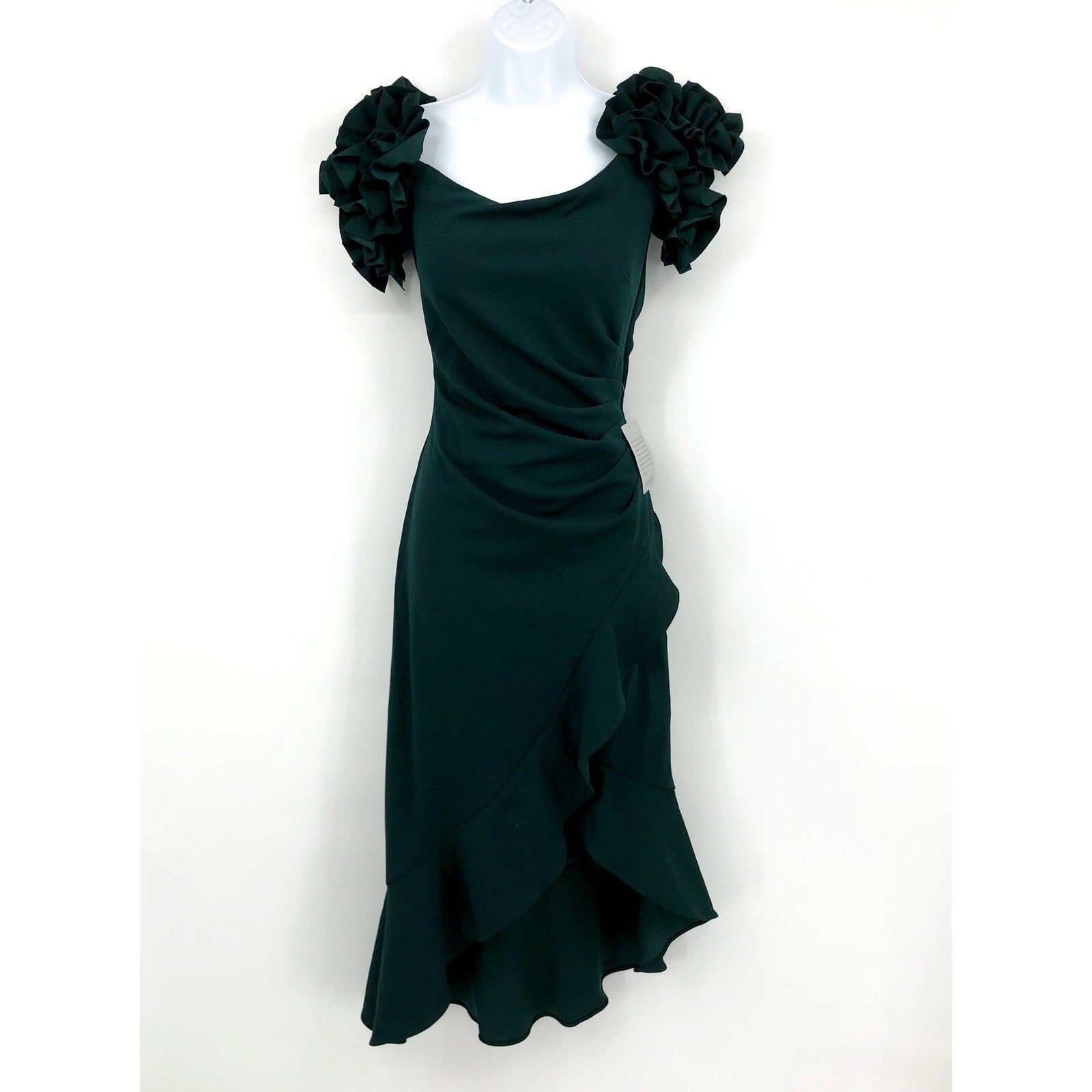 XSCAPE Women's Scuba Crepe Ruffle Midi Dress Size 6 Green Off the Shoulder NWT