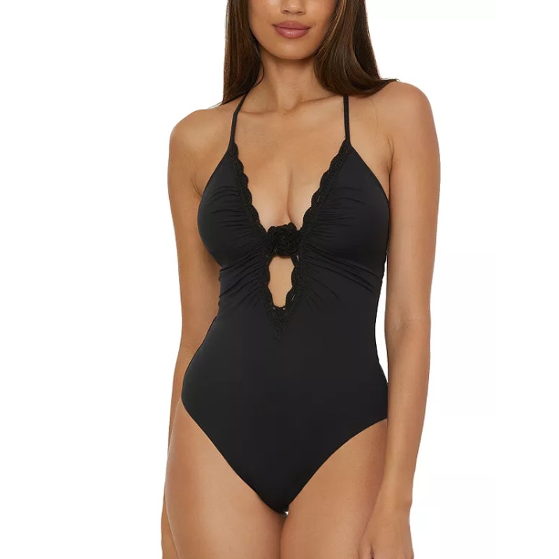 BECCA Colette Clare Plunge One Piece Swimsuit Large Black Crochet Flower NWT