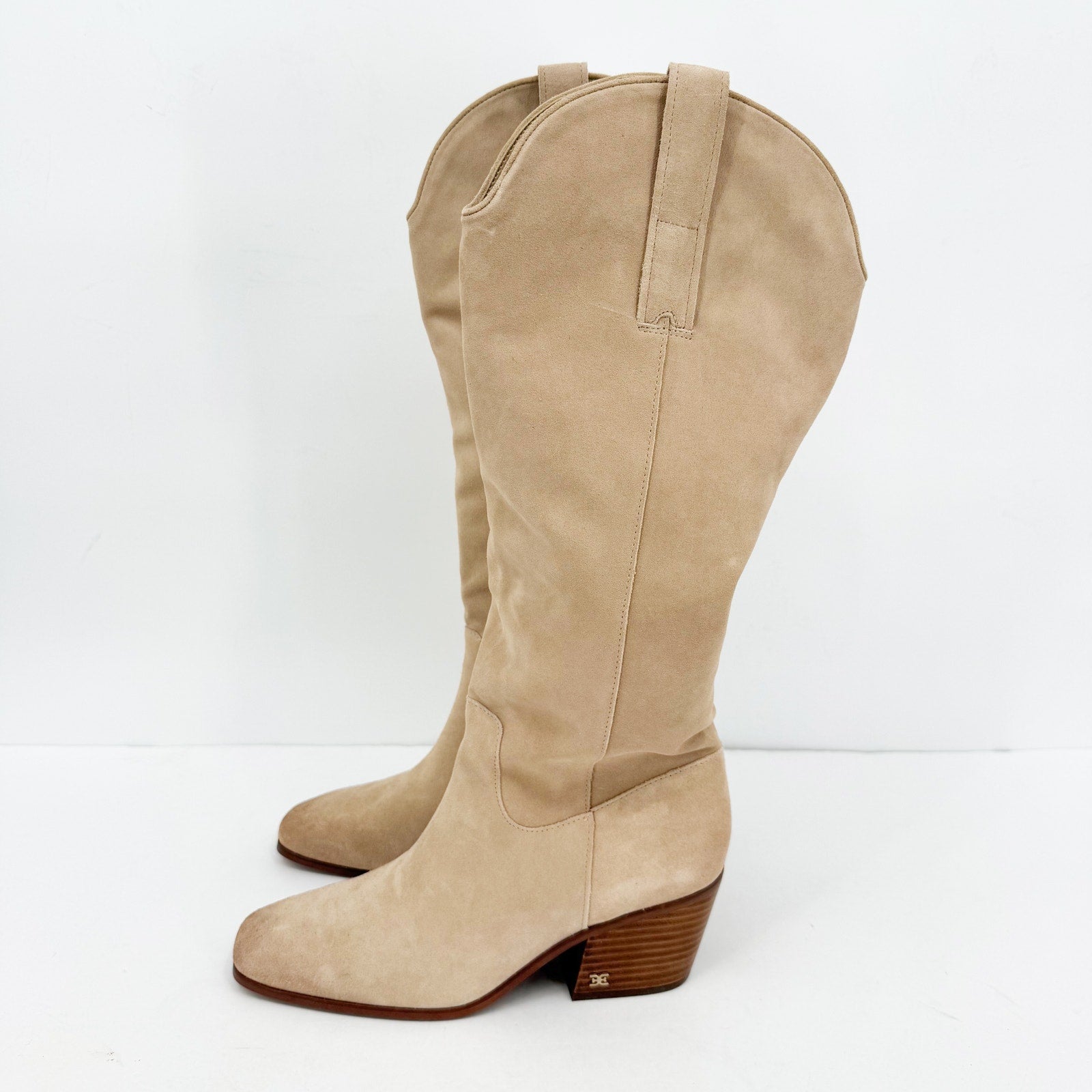 Sam Edelman Womens Britten Western Knee High Boots Size 8 Cream Tan Suede NIB