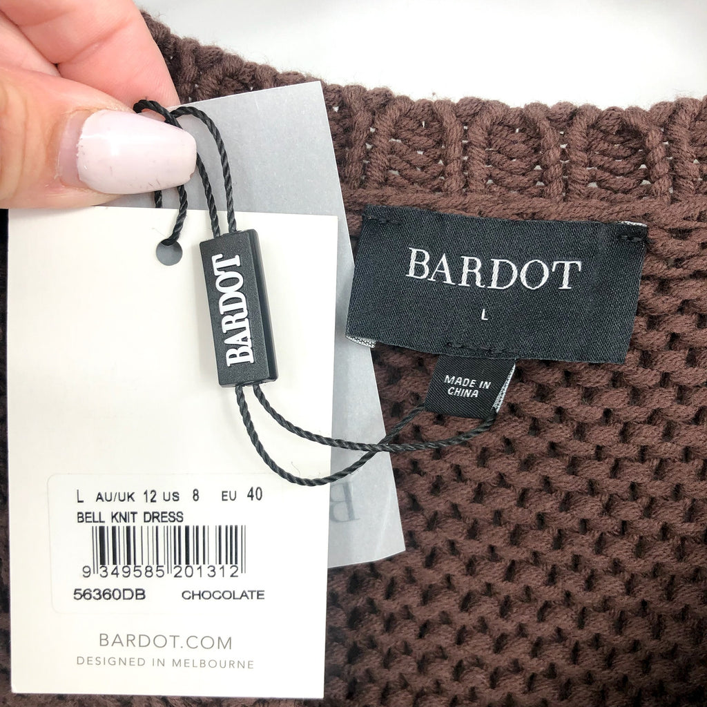 BARDOT Bell Knit Sweater Dress Large US 8 Brown Chocolate Long Sleeves NWT