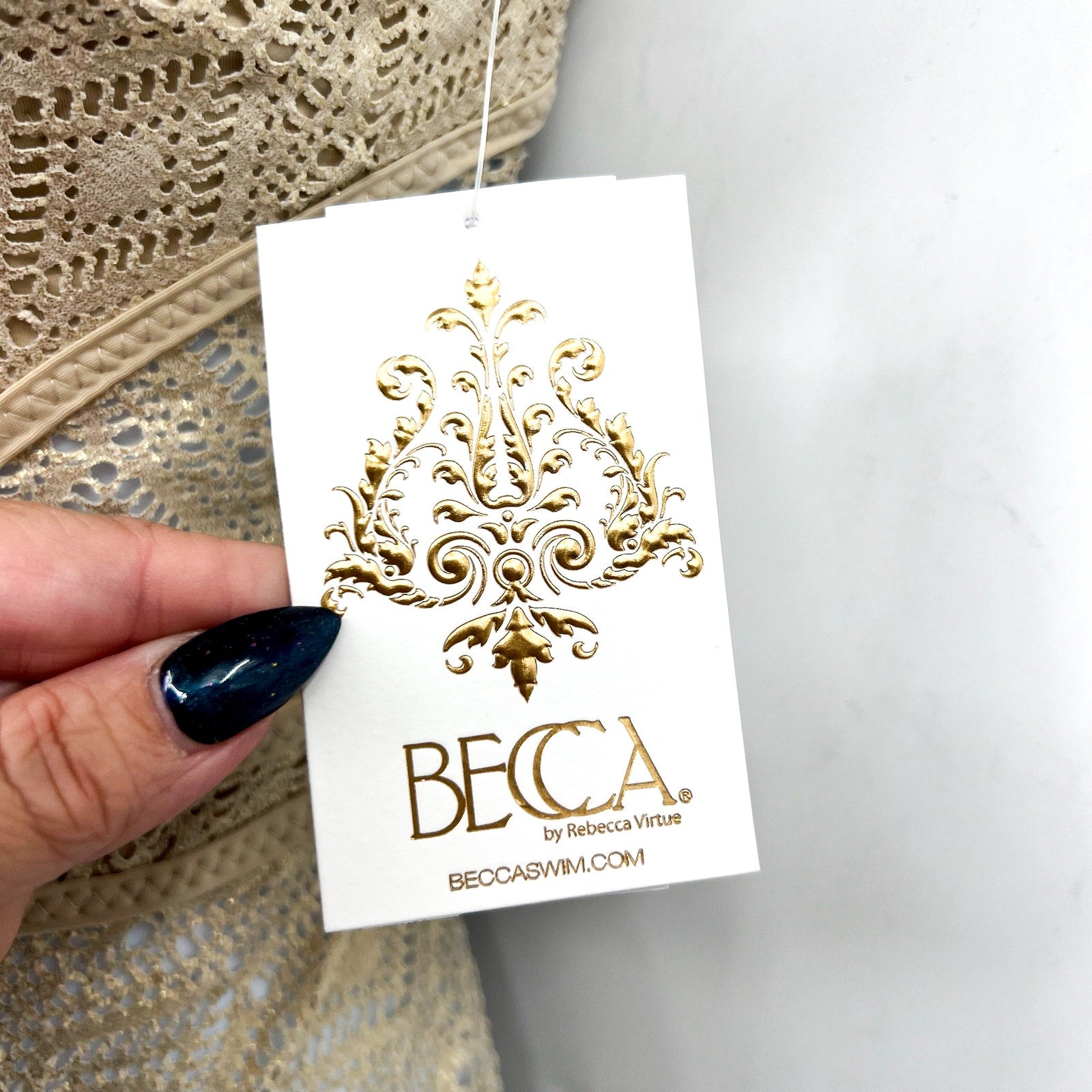 BECCA Women's Polished Crochet Plunge One Piece Swimsuit Small Gold NWT