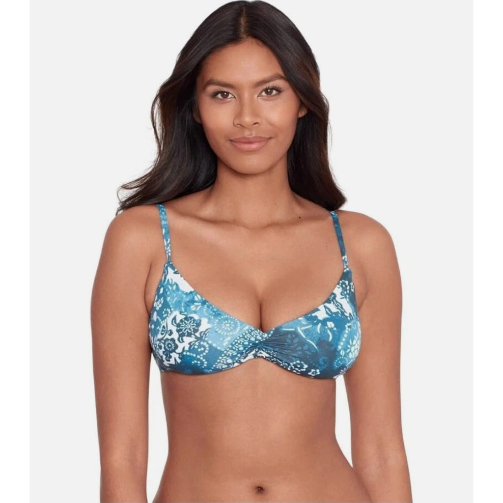 LAUREN RALPH LAUREN Patchwork Bikini Top Size 10 Blue Indigo Scoop Shirred NWT