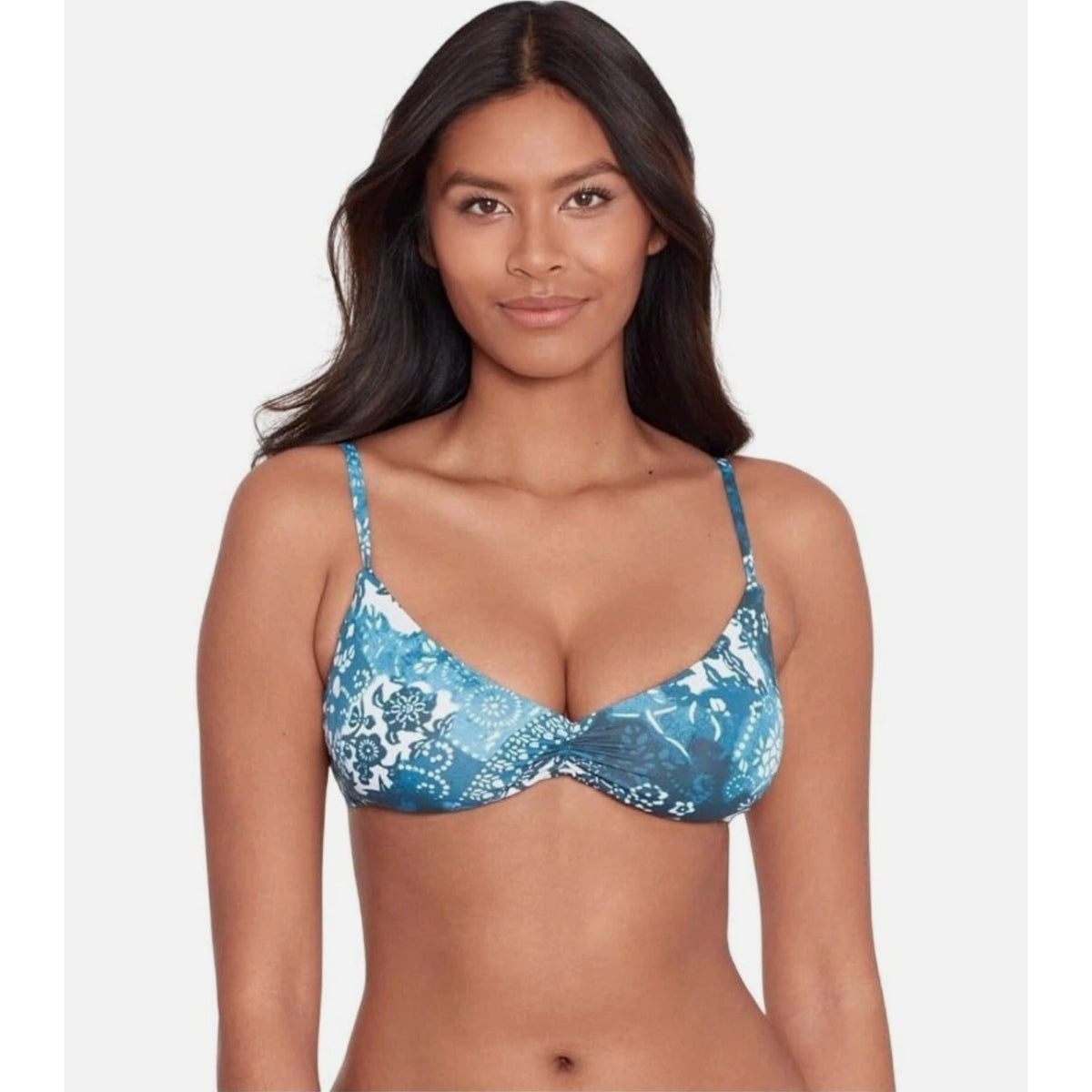 LAUREN RALPH LAUREN Patchwork Bikini Top Size 10 Blue Indigo Scoop Shirred NWT