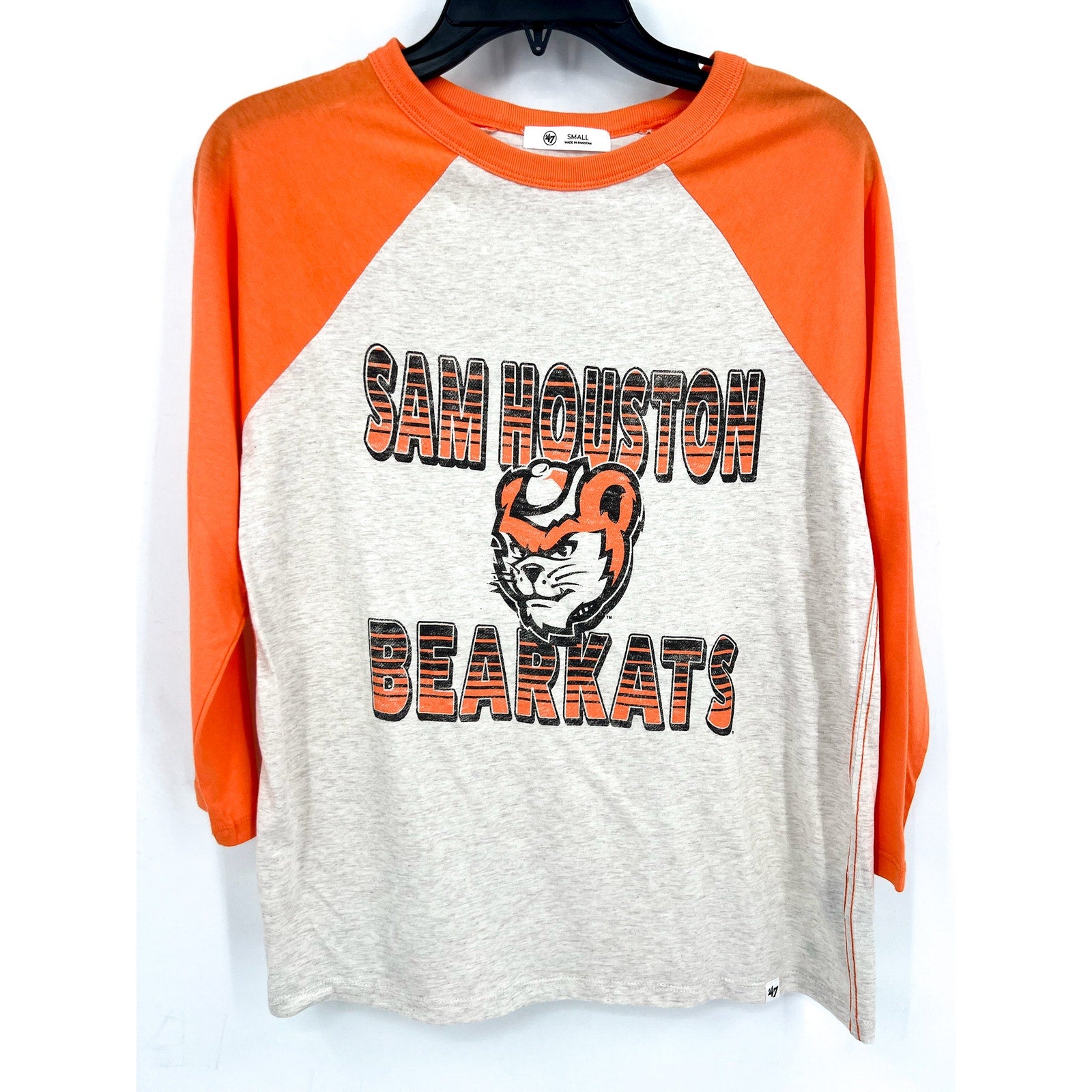 47 BRAND Sam Houston State Bearkats Baseball Tee Small Grey Orange Raglan NWT