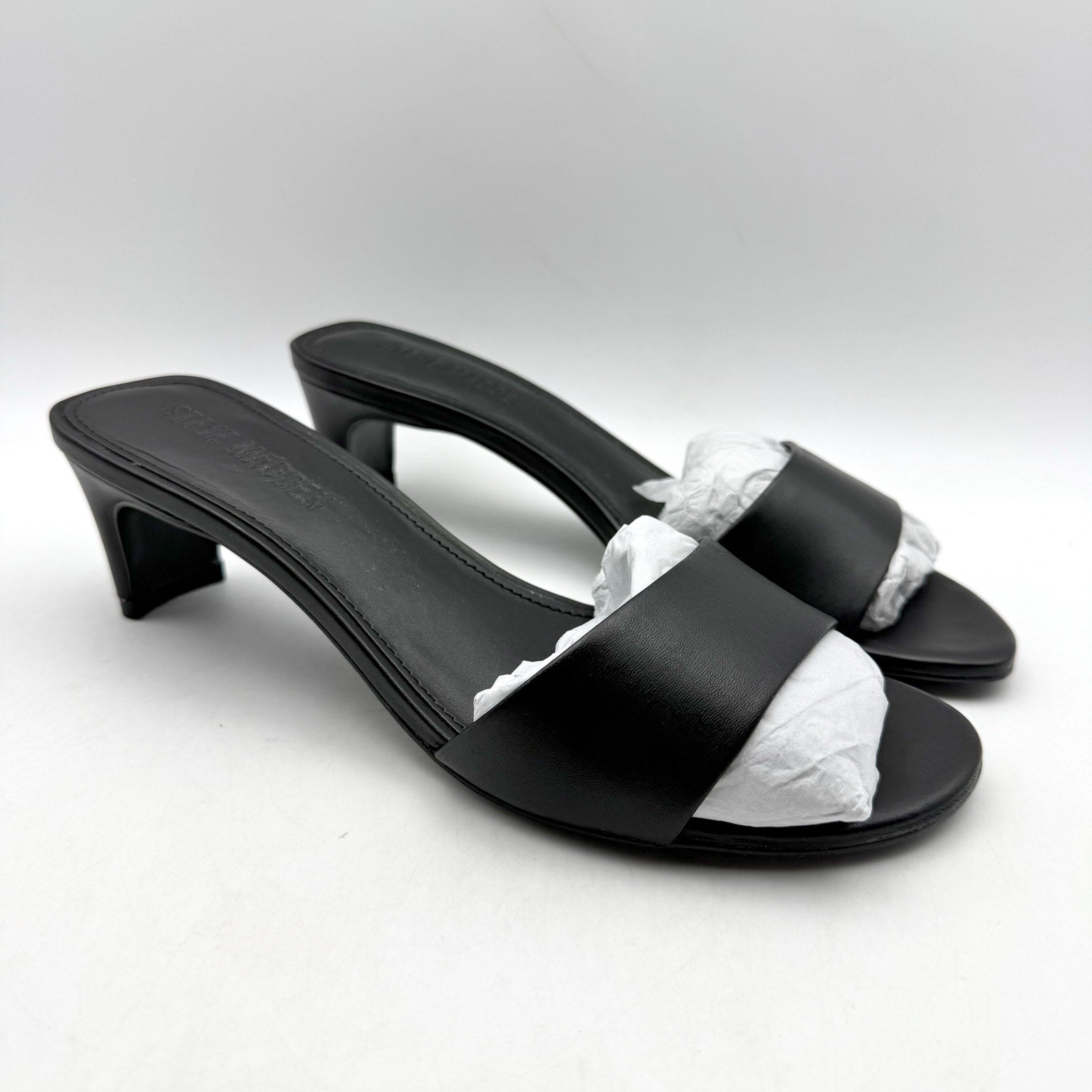 Steve Madden Womens Patsy Heeled Sandal US 7.5 M Black Vegan Leather NIB