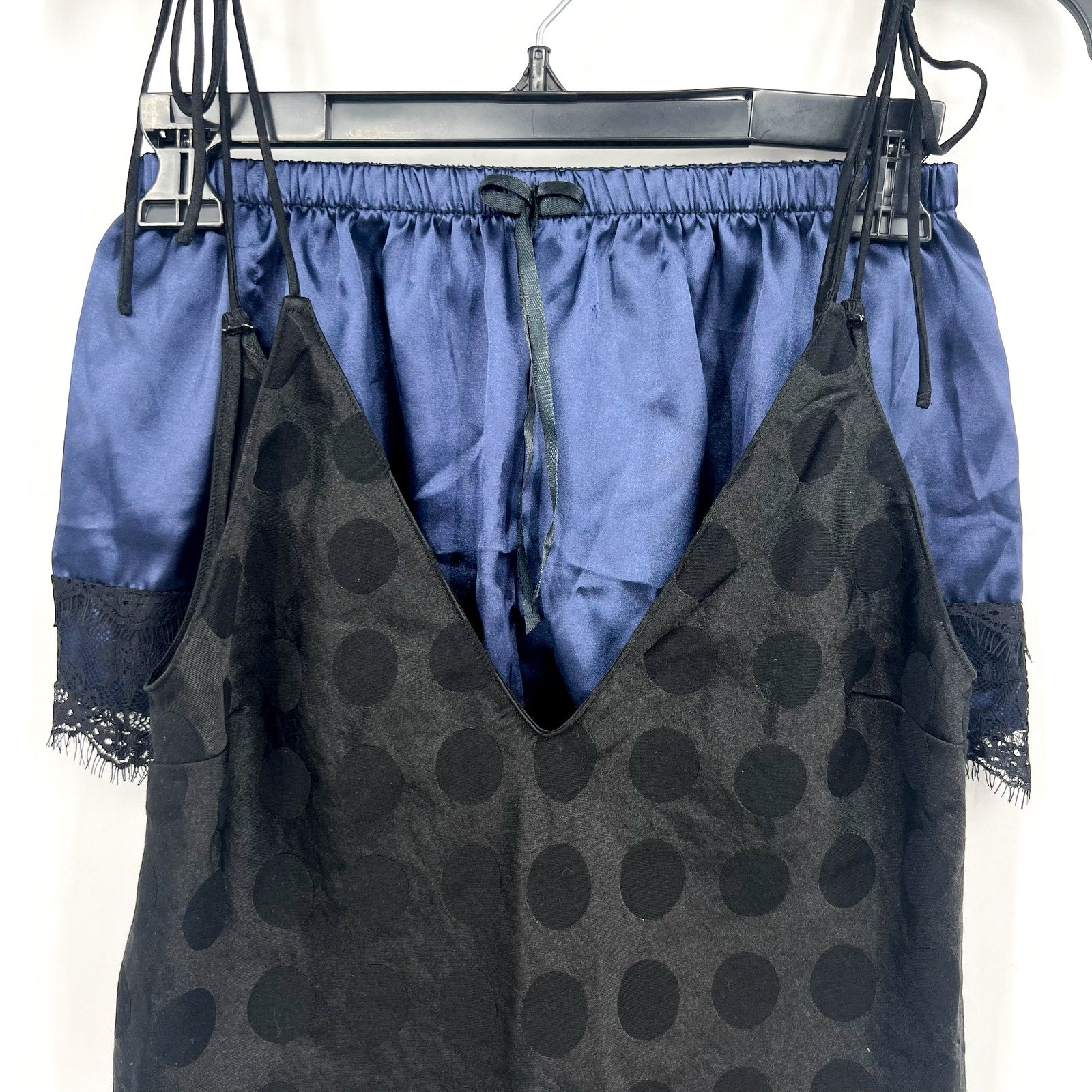 VICTORIA'S SECRET Polka Dot Satin Cami & Shorts Set XS Black Blue Lace Trim NWOT