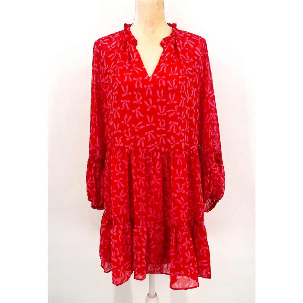 CECE Women's Bow-Print Babydoll Dress Large Red Pink Long-Sleeve NWT