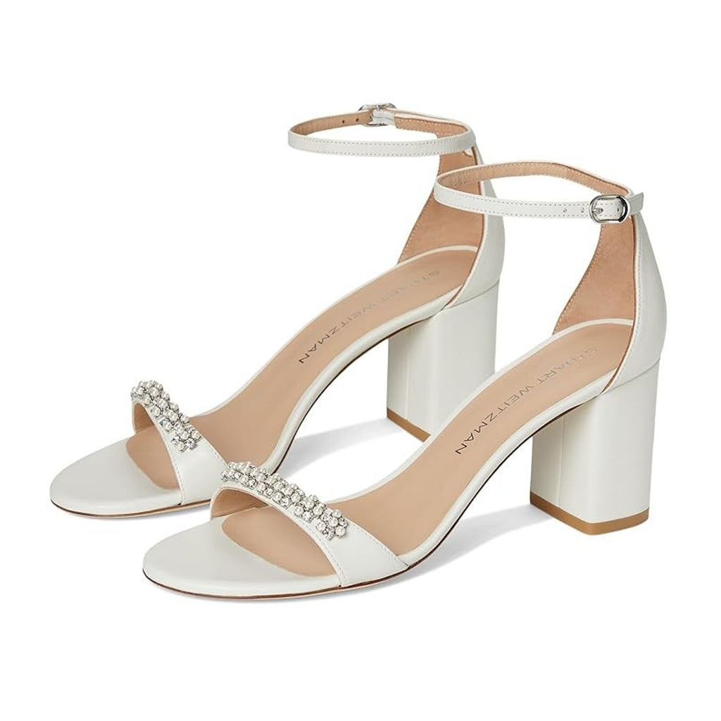 Stuart Weitzman Women Nudist Poppy 75 Block Heel Sandal US 8.5 White Leather NIB