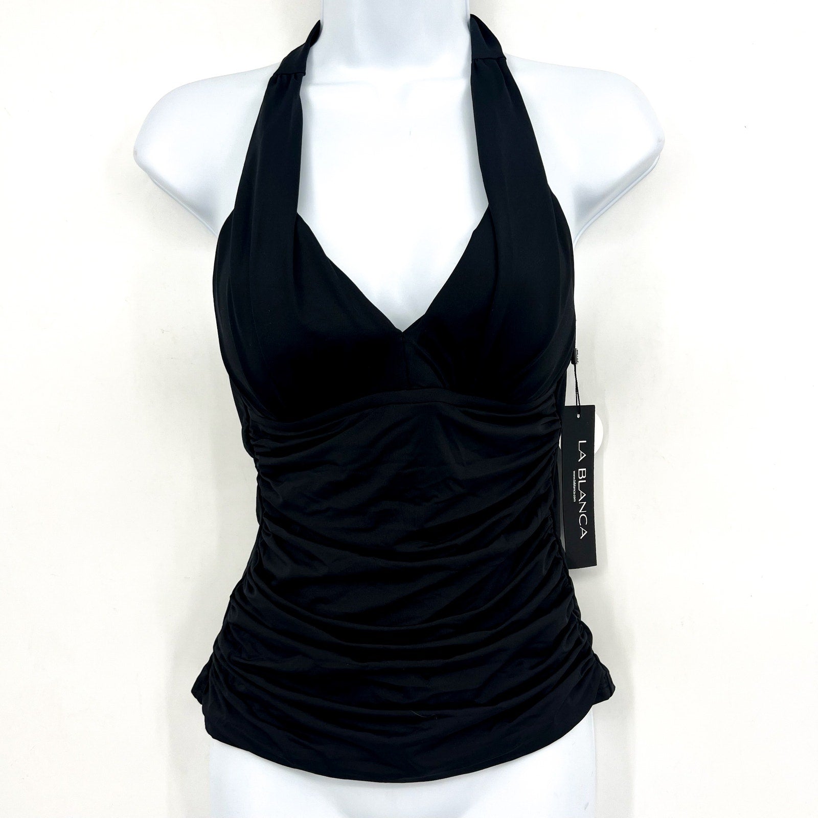 LA BLANCA Women's Island Goddess Halter Tankini Top Size 4 Black Stretch NWT