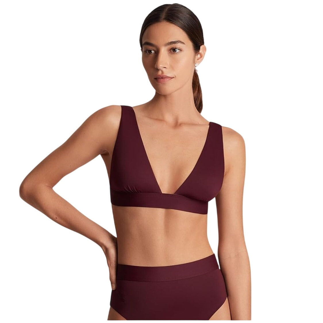 LAUREN RALPH LAUREN Banded V-Neck Bikini Top Size 10 Red Claret Beach Club NWT