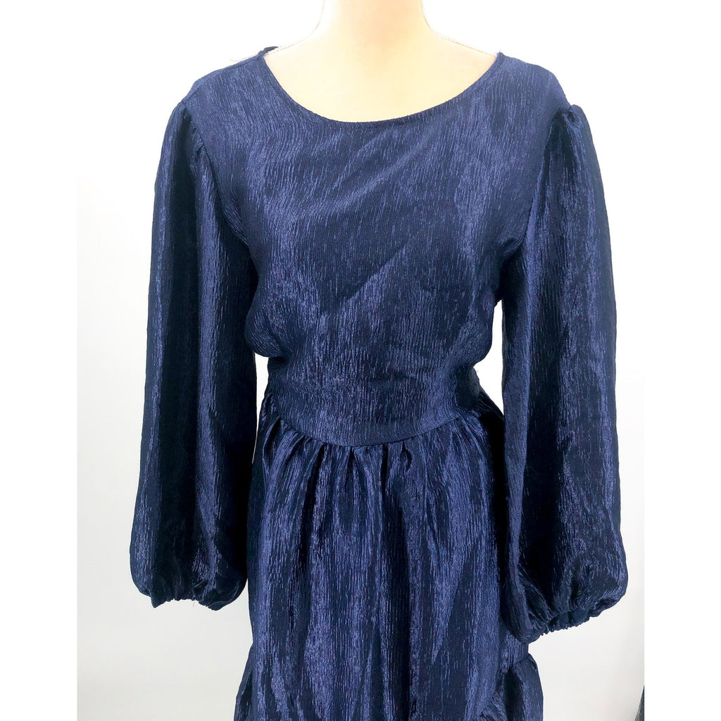 TOPSHOP Open Back Midi Dress Size 10 Midnight Blue Premium Textured Jacquard NWT
