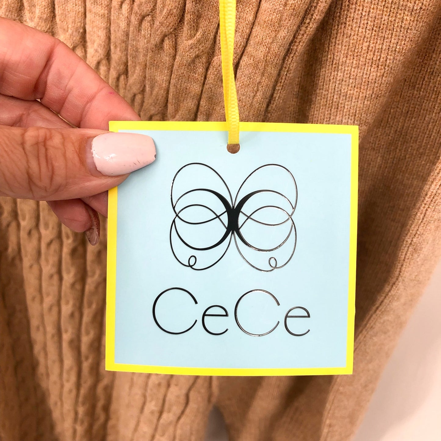 CECE Women's Cable Stitch Sweater Dress Medium Tan Mock Neck Long Sleeve NWT