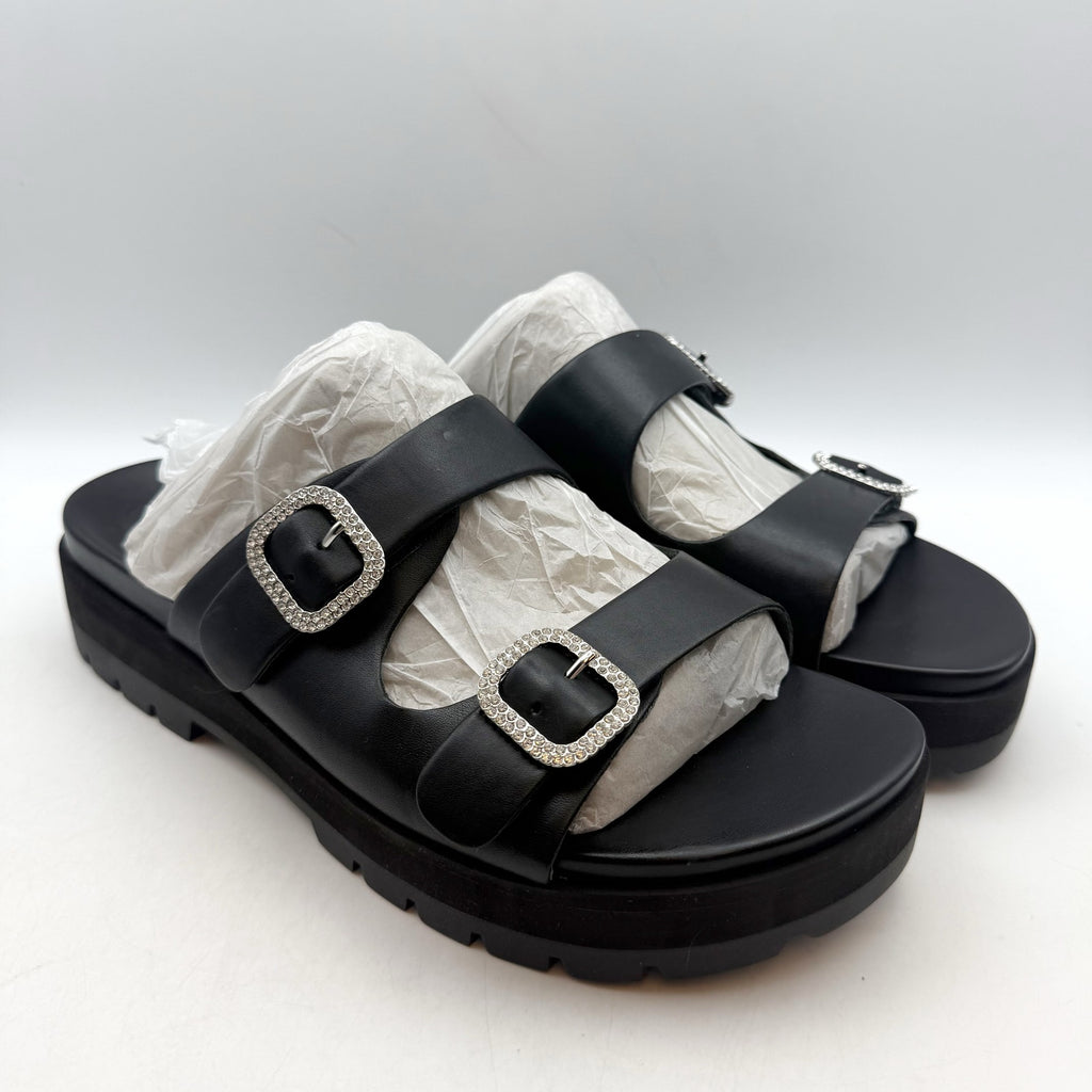 Vionic Womens Capitola Lug Platform Sandals US 11 Black Leather Rhinestone NWOB