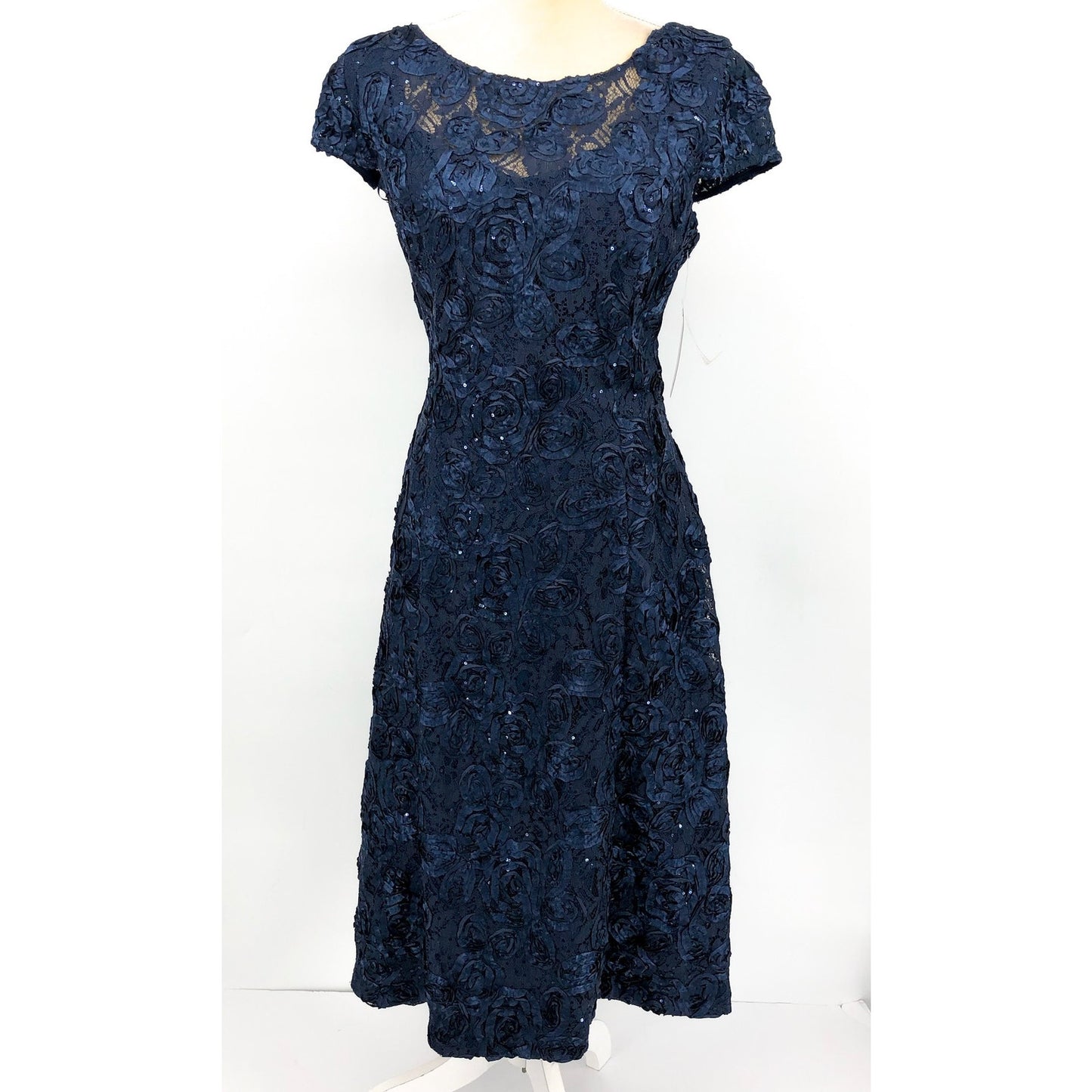 ALEX EVENINGS Rosette A-line Midi Dress Size 14 Navy Blue Sequin Lace 121570 NWT