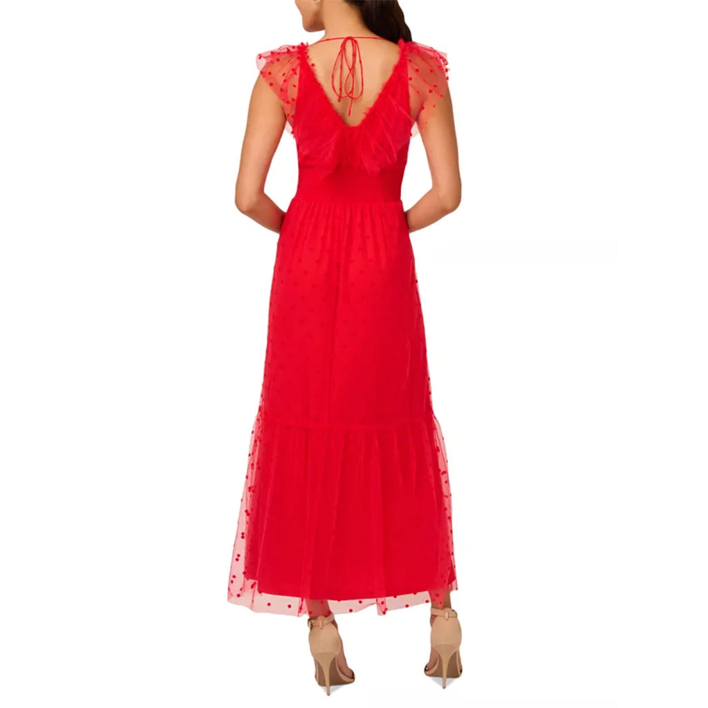 ADRIANNA PAPELL Women's Dot Tulle Ruffle Dress Size 14 Red Sleeveless NWT