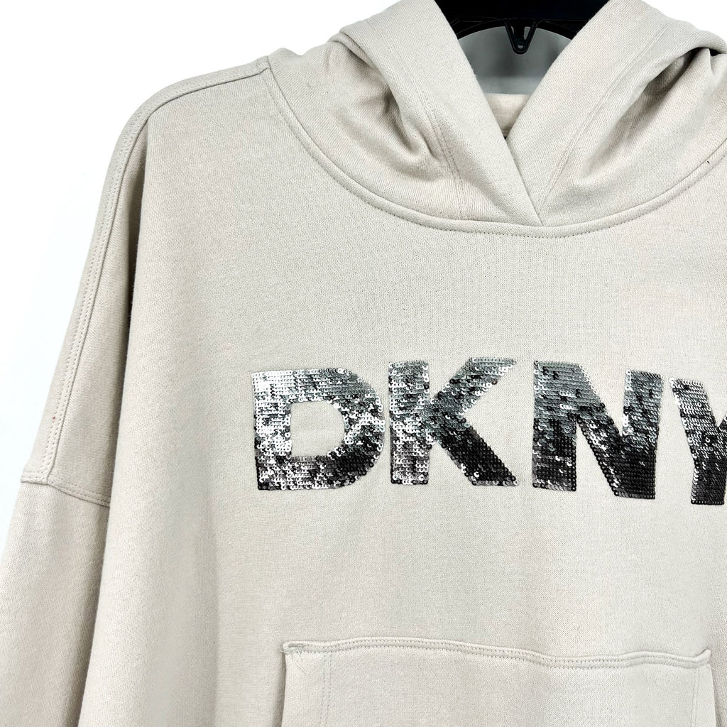 DKNY Women's Sequin Hoodie Medium Taupe Beige Pullover Sweatshirt NWT