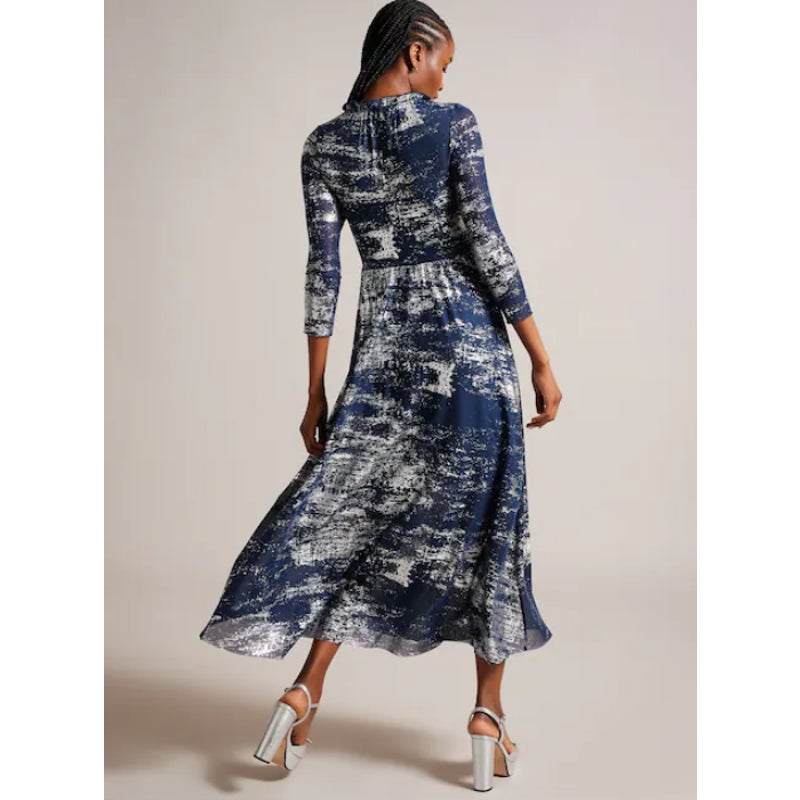 TED BAKER Iggiey Metallic Burnout Midi Dress Large US 12 Navy Blue NWT