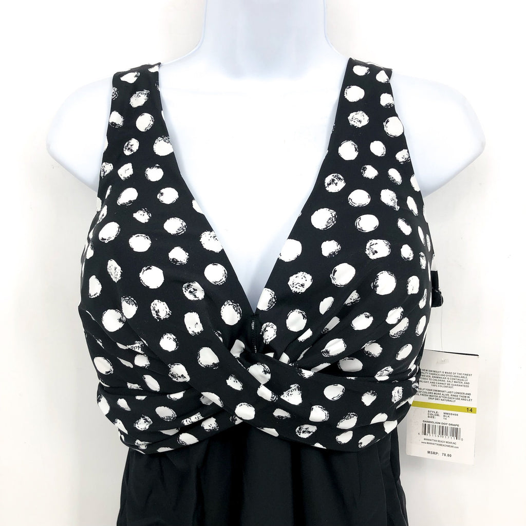 MAXINE OF HOLLYWOOD V-Neck Mio One Piece Swimsuit Size 14 Black White Dot NWT