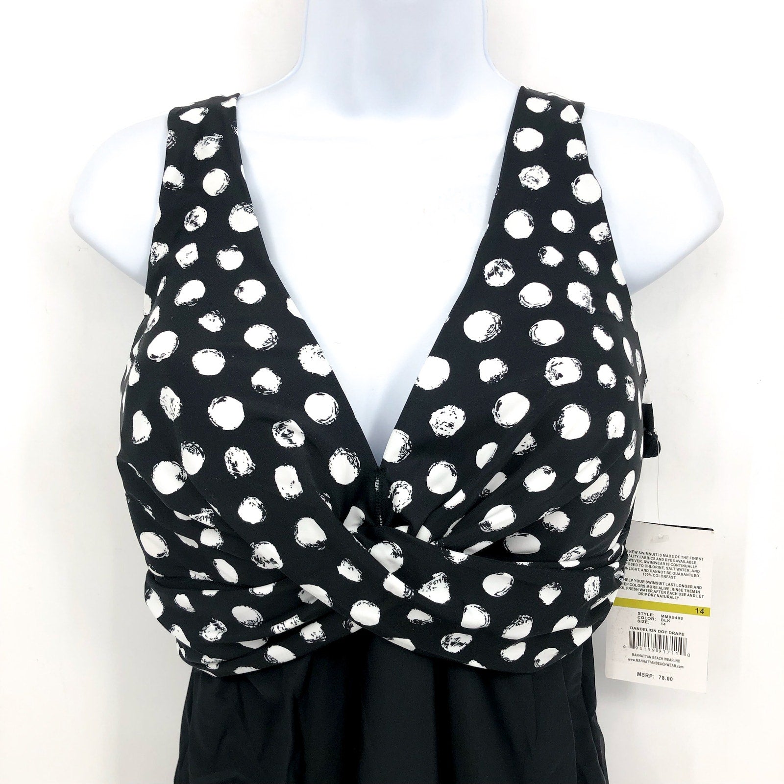 MAXINE OF HOLLYWOOD V-Neck Mio One Piece Swimsuit Size 14 Black White Dot NWT