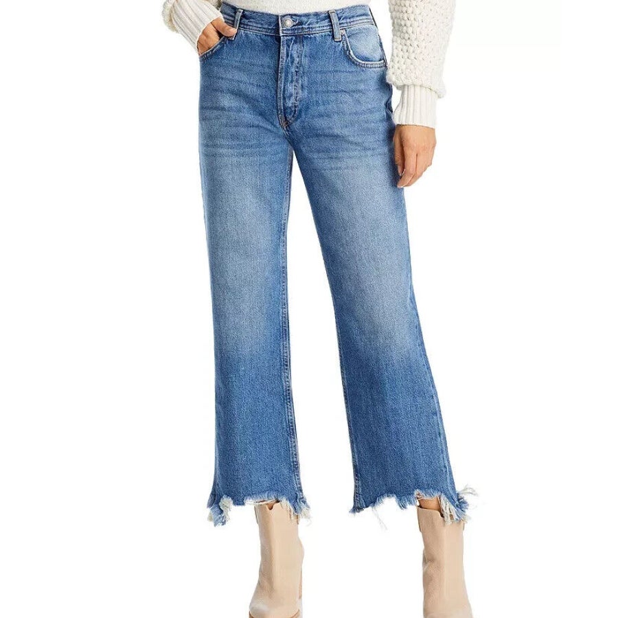 WE THE FREE BY FP Maggie Straight-Leg Jeans Size 24 Blue Raw Hem Mid-Rise NWOT