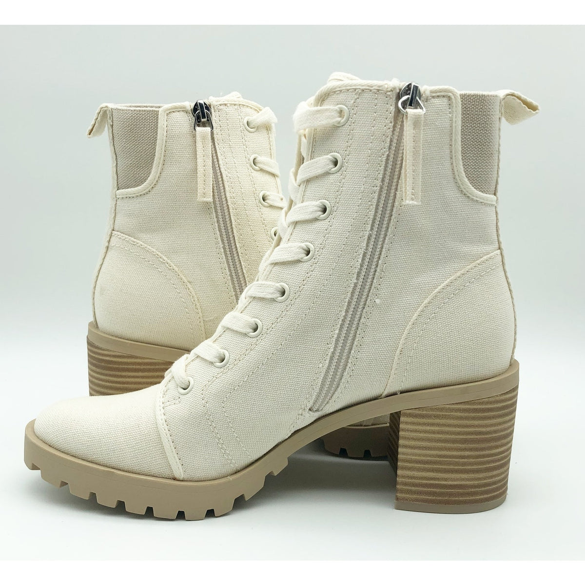 Dolce Vita Womens Combat Boots Size 8.5 Stacked Heel Off White Canvas NWOB