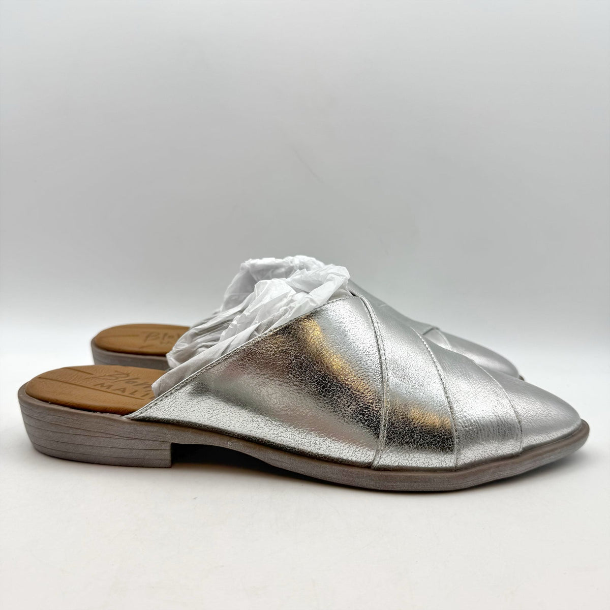 Blowfish Malibu Womens Hazel Mules Size 8.5 M Silver Vegan Leather Flats NIB