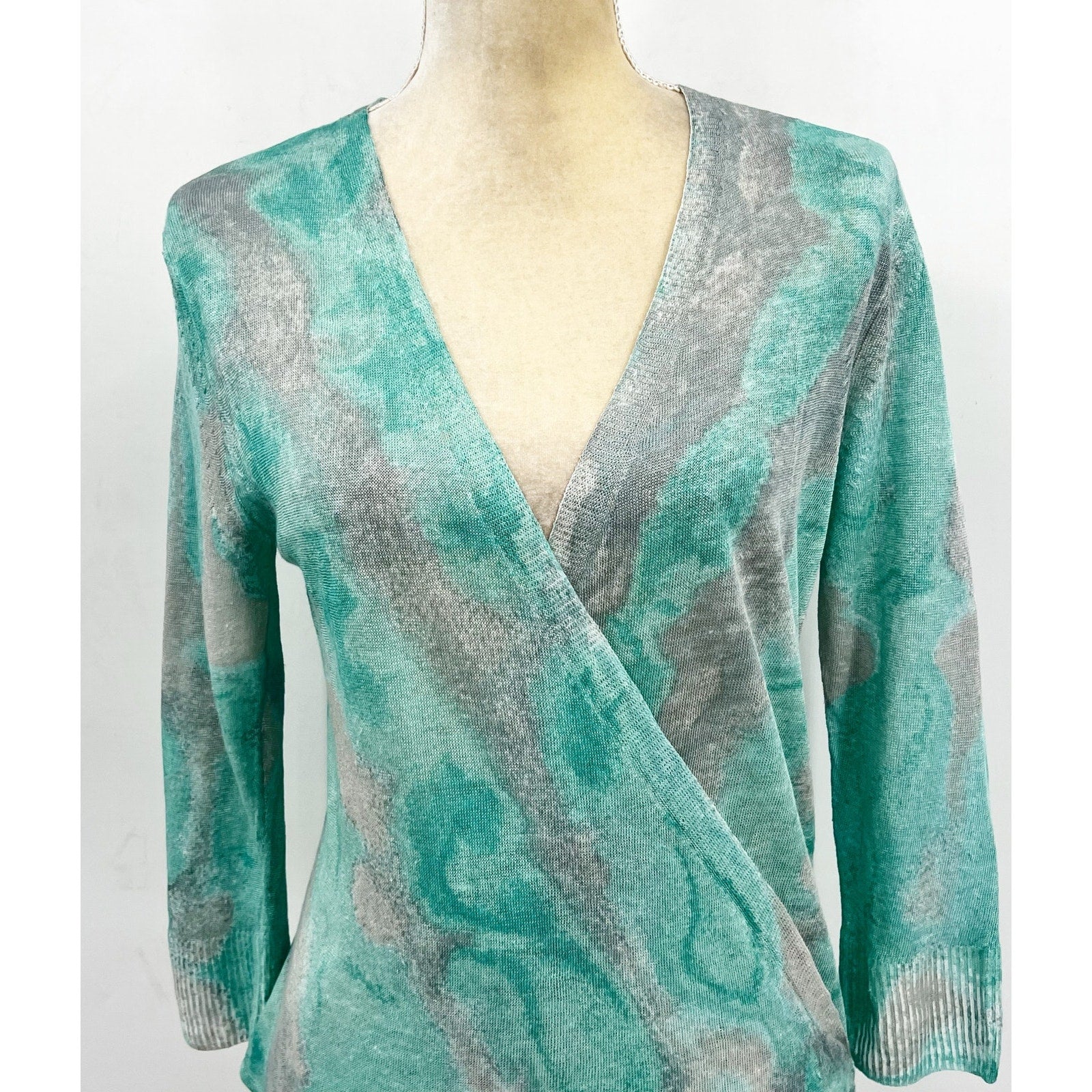 NIC + ZOE Women's Watercolor Waves 4-Way Cardigan Medium Green Grey Top NWT