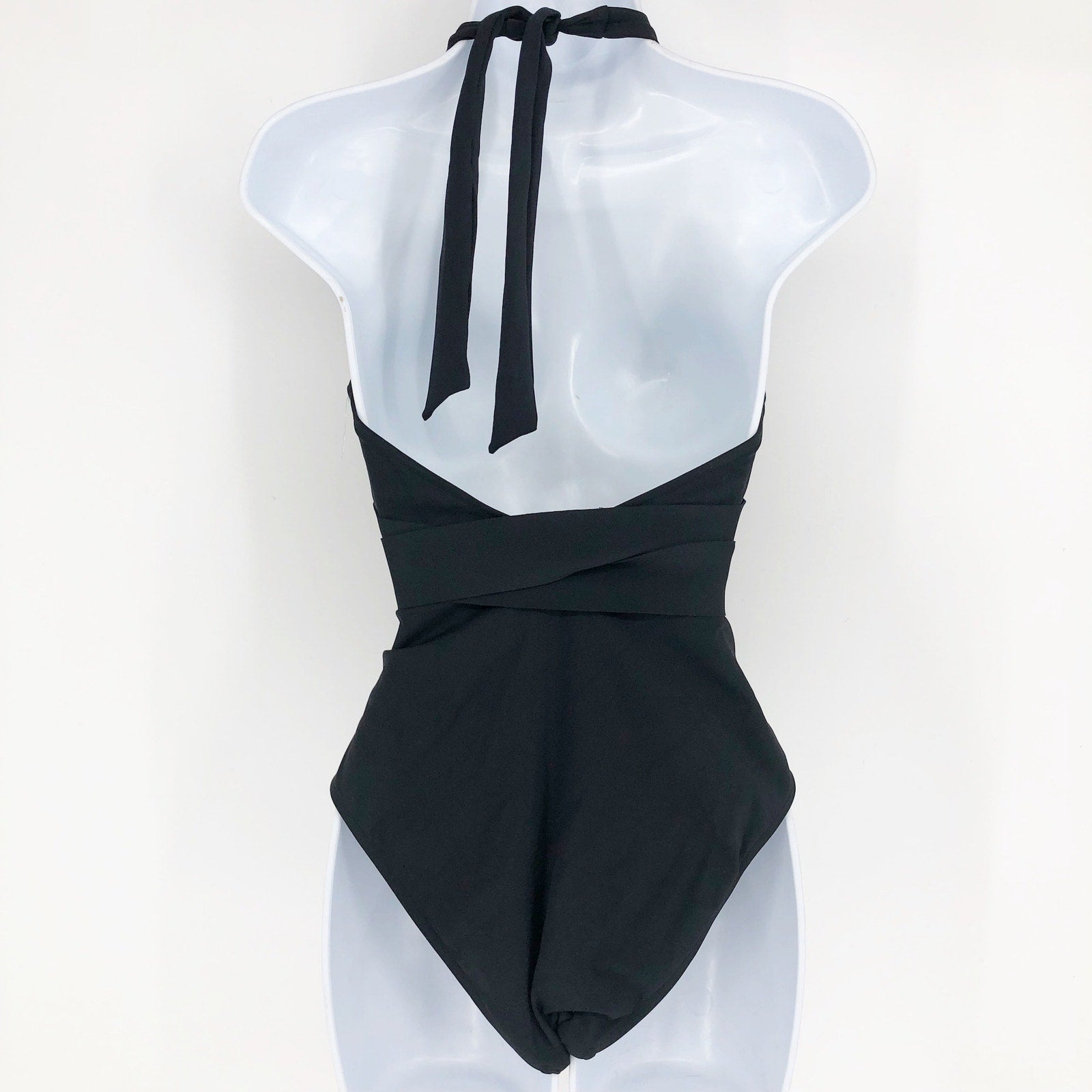 SEA LEVEL Dark Romance Bonded Belt Plunge One Piece Swimsuit Black 10 Halter Bow