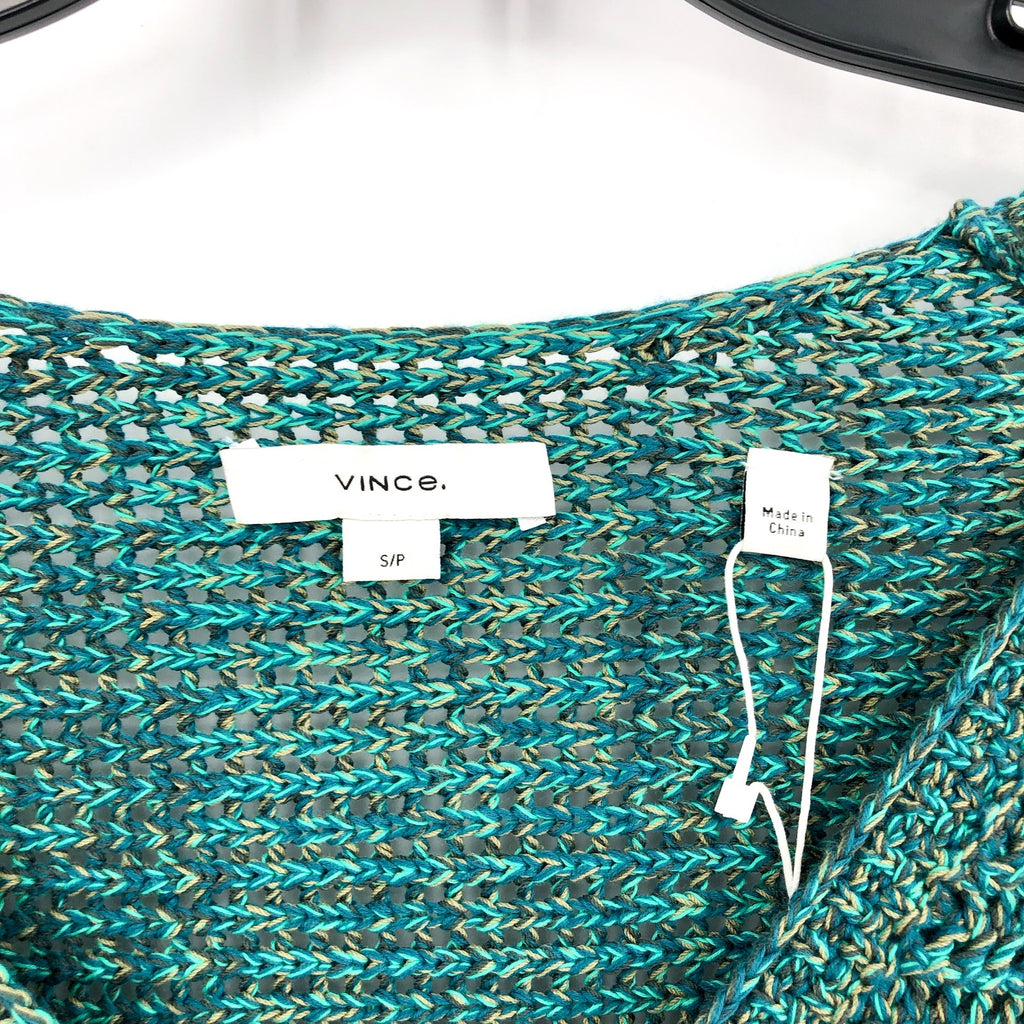 VINCE Women's Marled Crochet Cardigan Green Marl Small V-Neck Cotton NWT