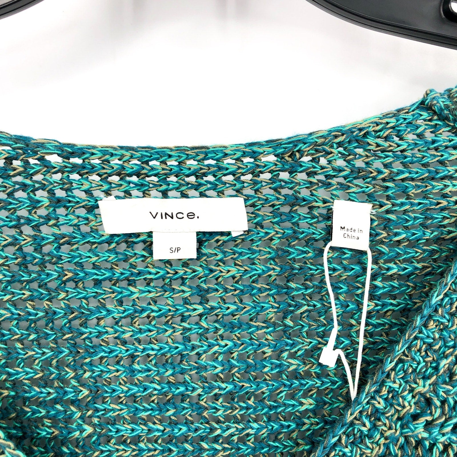 VINCE Women's Marled Crochet Cardigan Green Marl Small V-Neck Cotton NWT