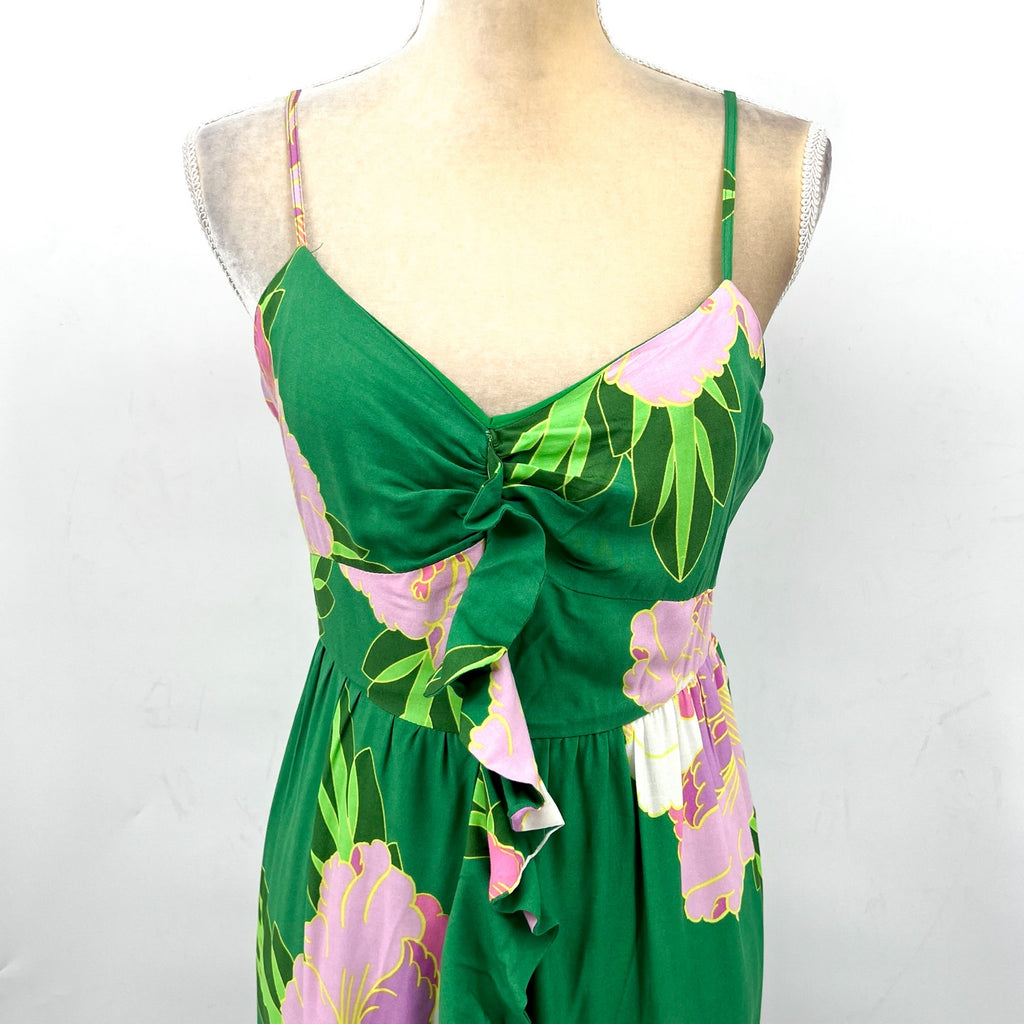 CECE Floral Tiered Maxi Dress Medium Green Peony Blossom Ruffle-Front NWT