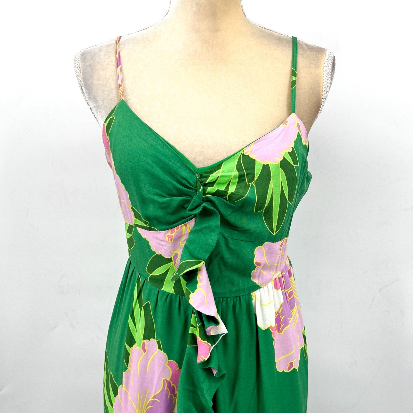 CECE Floral Tiered Maxi Dress Medium Green Peony Blossom Ruffle-Front NWT