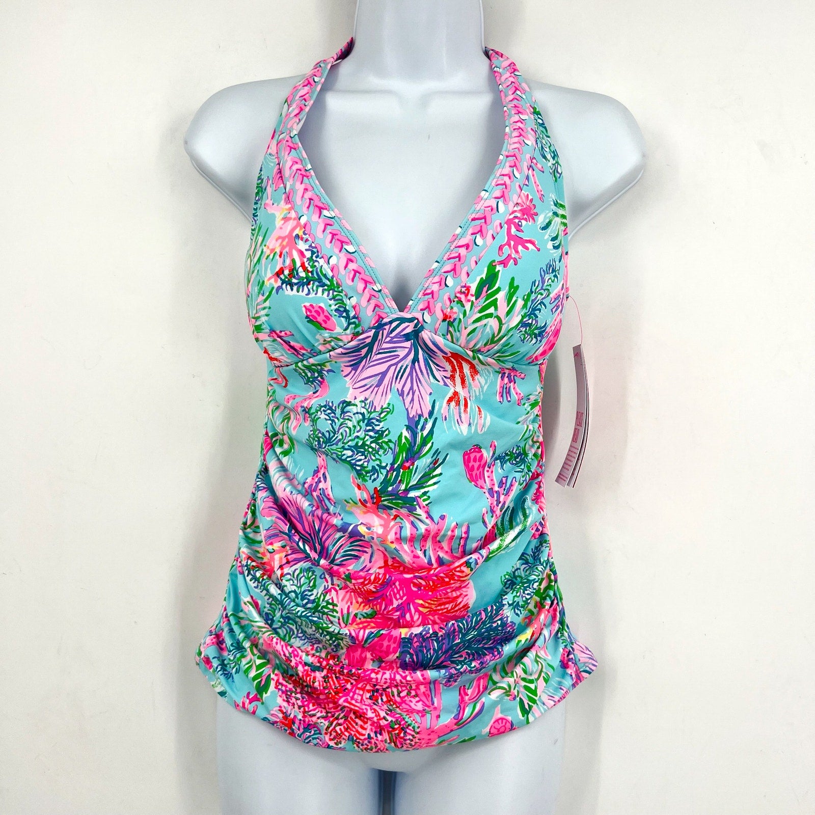 LILLY PULITZER Bliss Halter Tankini Top Size US 6 Pink Blue Cay to My Heart NWT