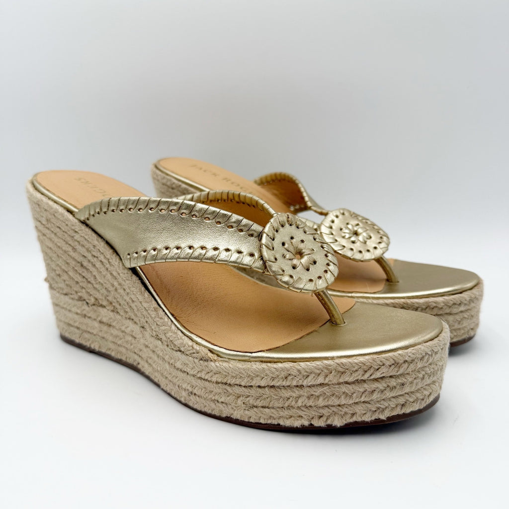 Jack Rogers Womens Rowan Espadrille Sandals Size 8.5 Platinum Gold Leather NWOB