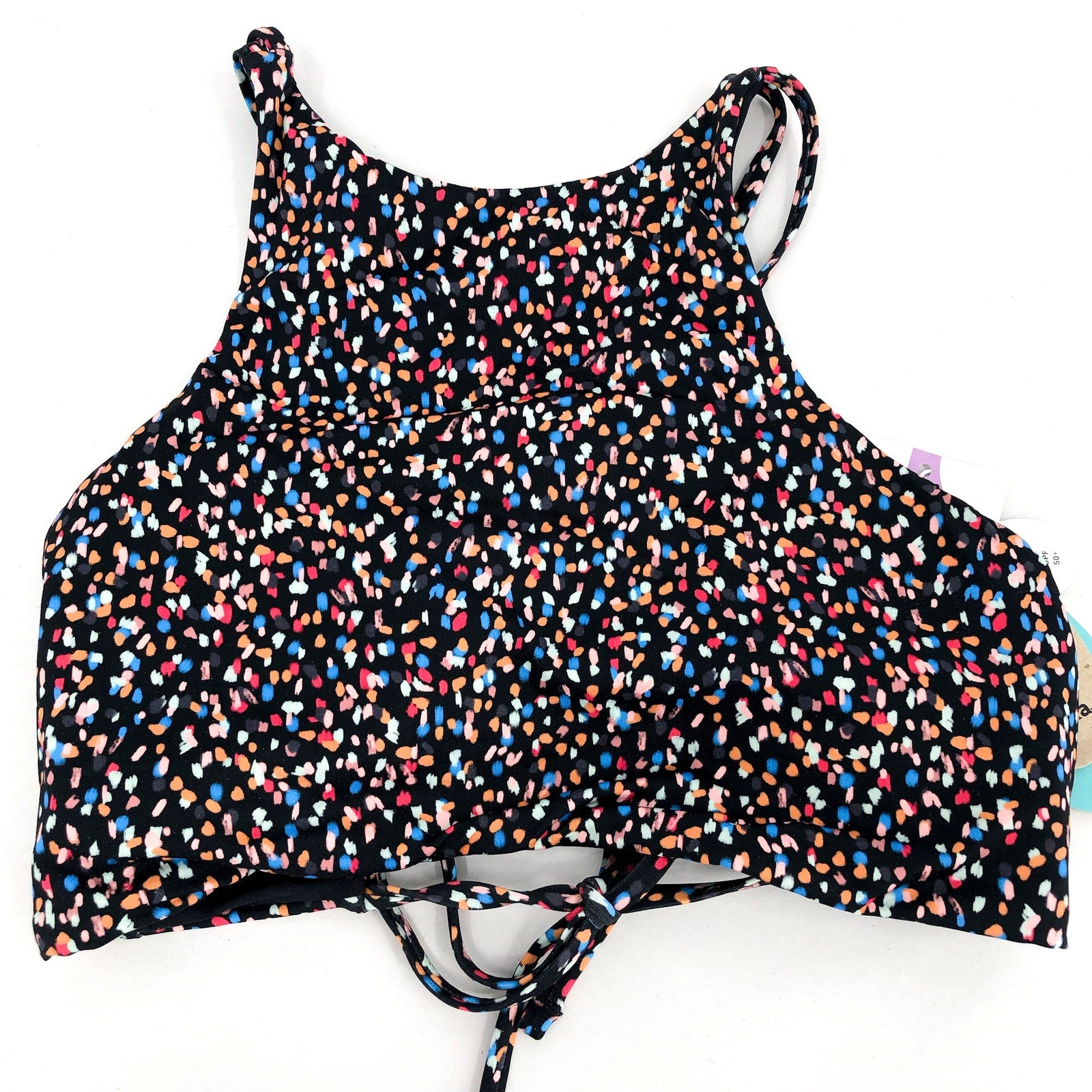 PRANA Women's Onyx Bay Bikini Top Medium Black Alotta Dots High Neck NWT