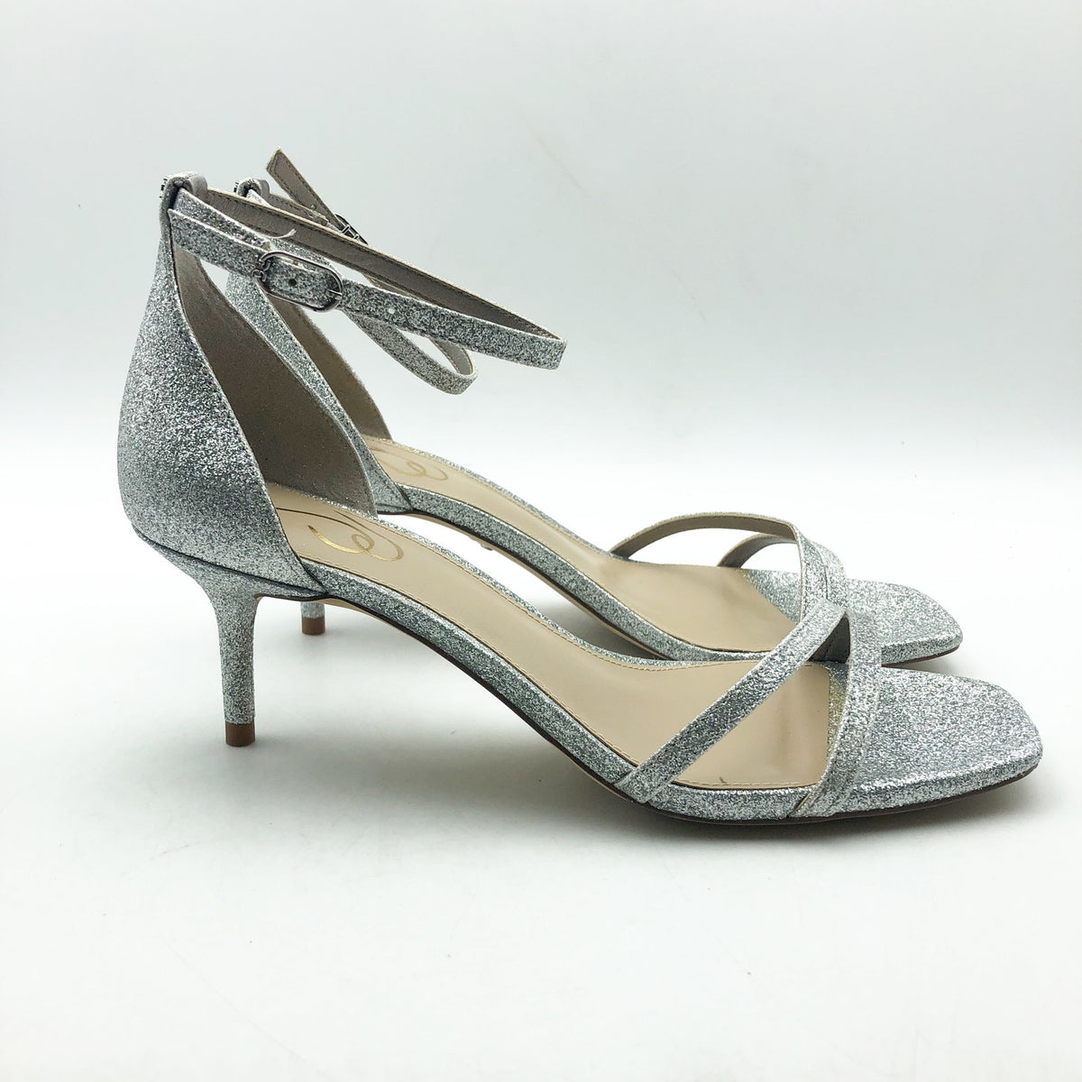 SAM EDELMAN Womens Peonie Kitten Heel Sandal 7.5 M Silver Glitter Strappy NIB