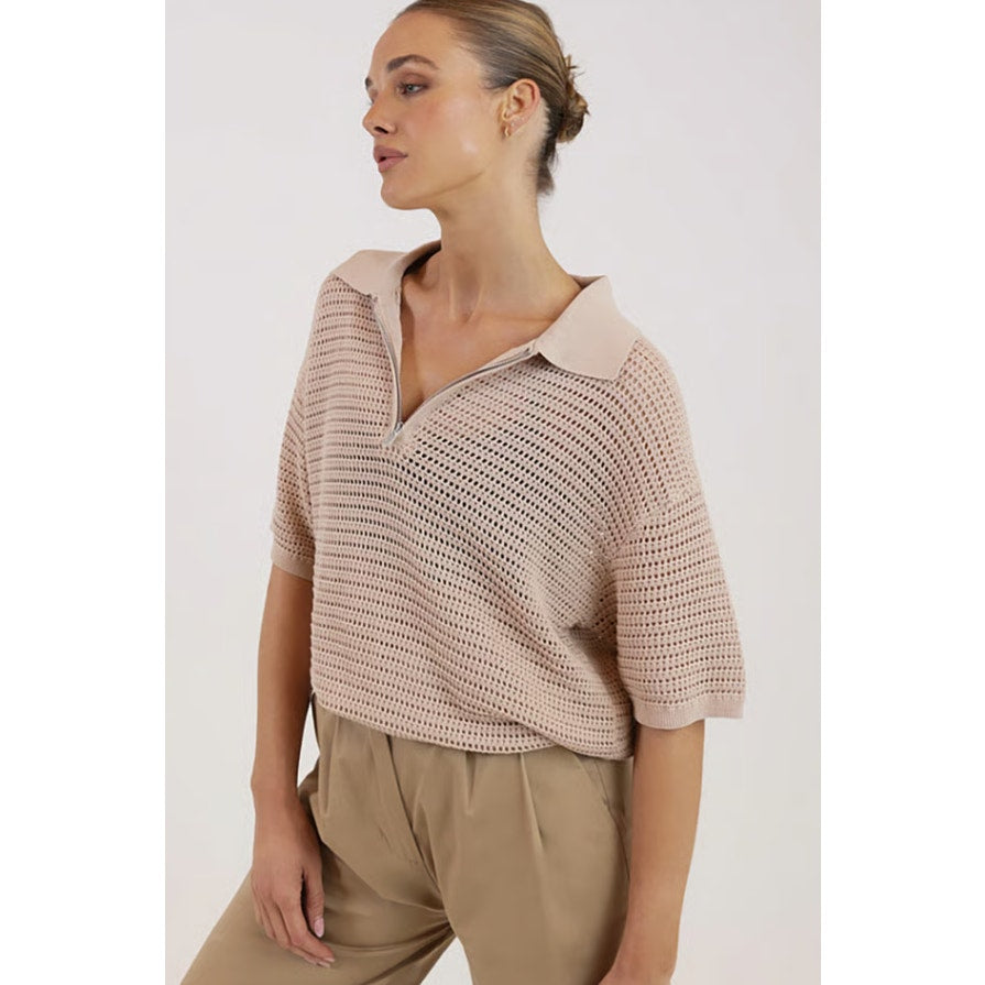 VARLEY Womens Clayton Polo Sweater Medium Beige Moonlight Knit Short Sleeve NWOT