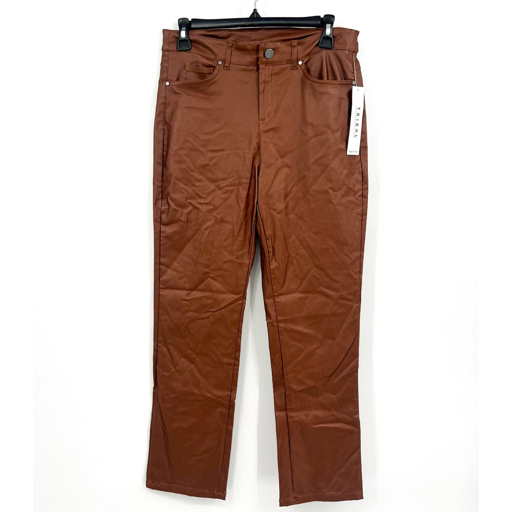 TRIBAL Womens Vegan Leather Pants US 4 Petite Brown Walnut Straight Leg NWT