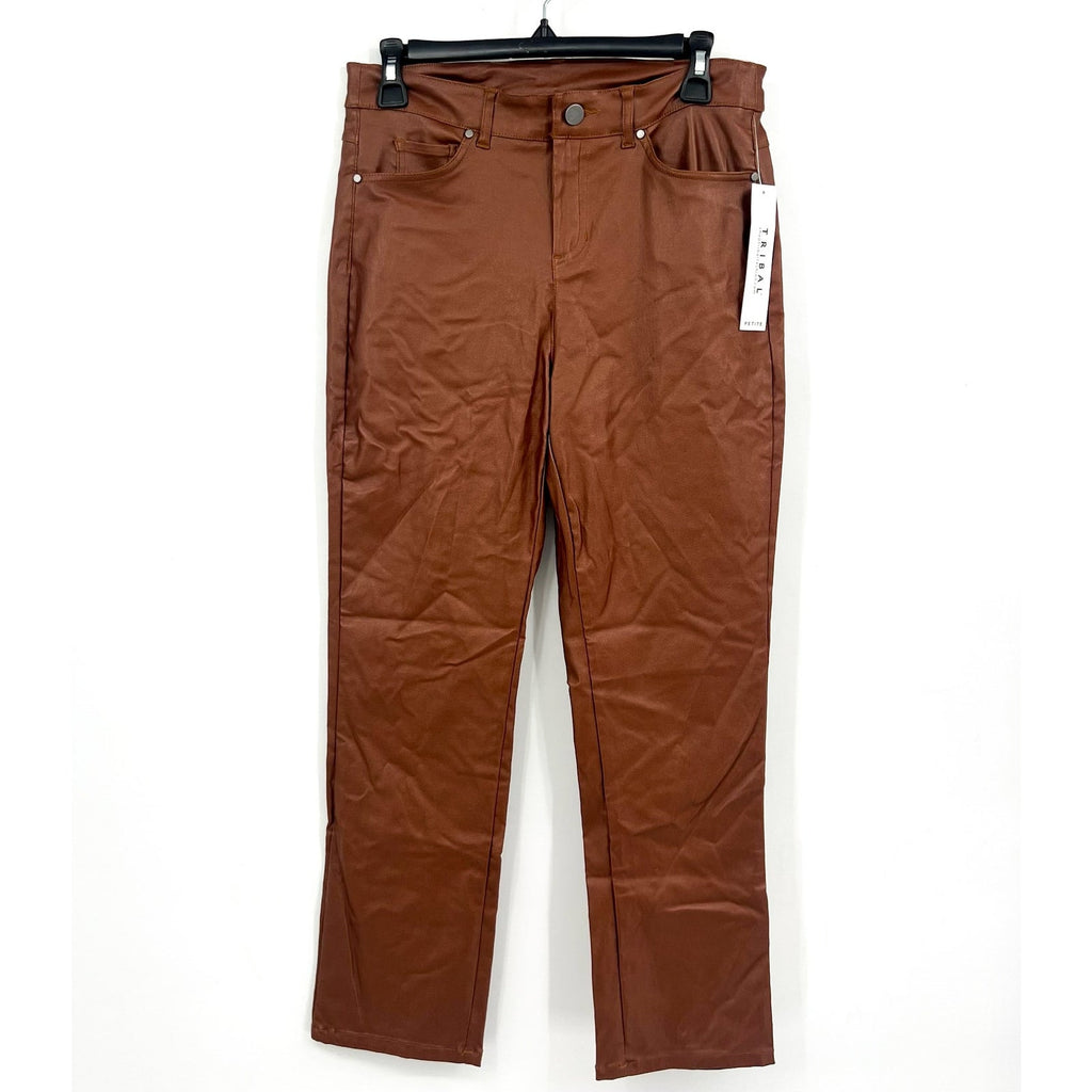 TRIBAL Womens Vegan Leather Pants Size 4 Petite Brown Walnut Straight Leg NWT