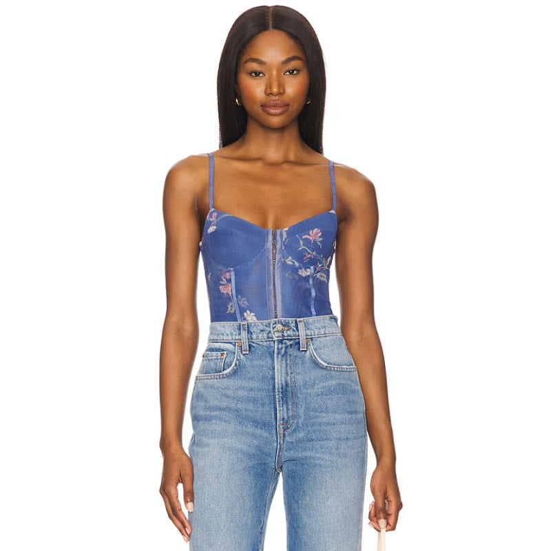FREE PEOPLE X INTIMATELY FP Night Rhythm Bodysuit Small Blue Floral Corset NWT