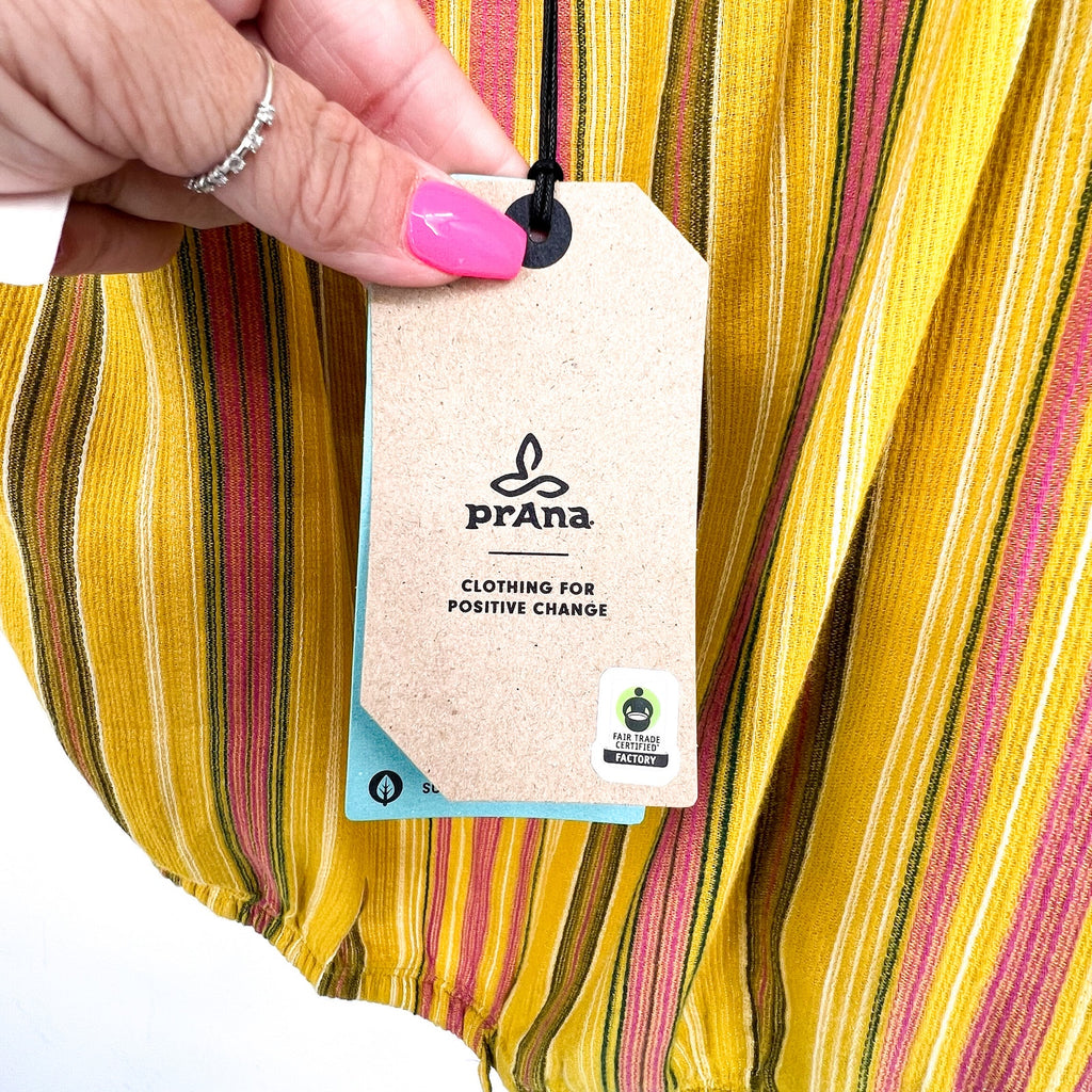 PRANA Women's Little Palm Cami Top XL Yellow Leapfrog Stripe Square Neck NWT