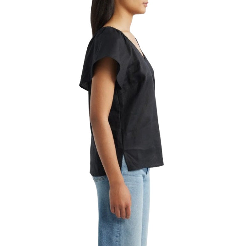 TOMMY BAHAMA Coastalina Linen Top Small Black Short Sleeve V-Neck Flutter NWT