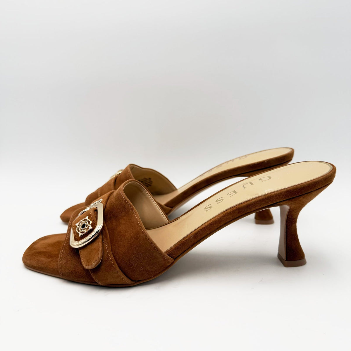 Guess Womens Dittara Kitten Heel Slide Sandals Size 10 Brown Cognac Suede NWOB
