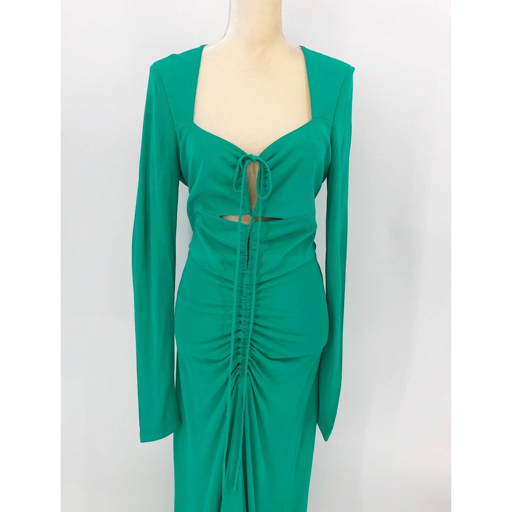 Rebecca Vallance Womens Riccardo Ruched Gown 10 Green Cutout Long Sleeve NWOT