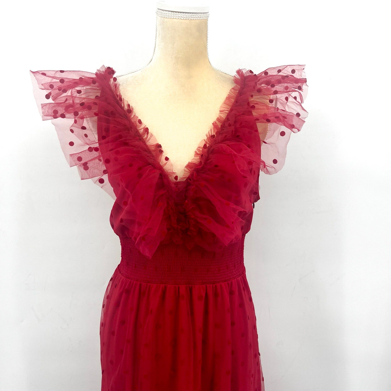 ADRIANNA PAPELL Women's Dot Tulle Ruffle Dress Size 14 Red Sleeveless NWT