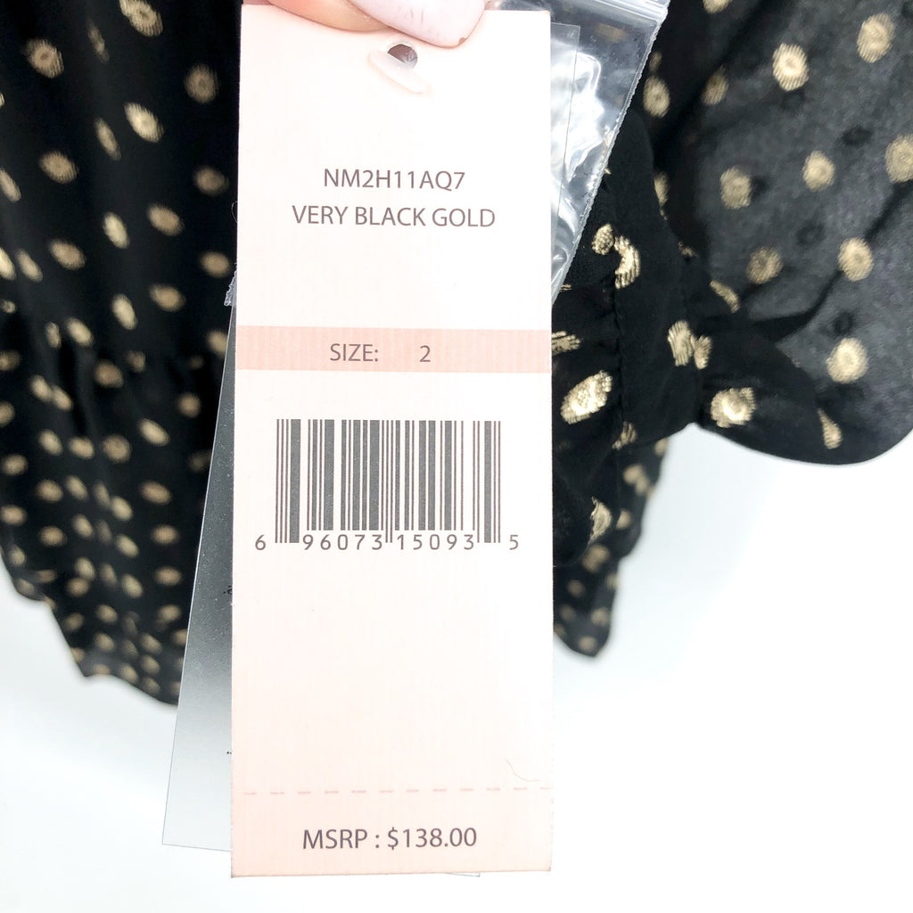 NANETTE LEPORE Metallic Dot Dress Size 2 Black Gold Chiffon Ruffle Neck NWT
