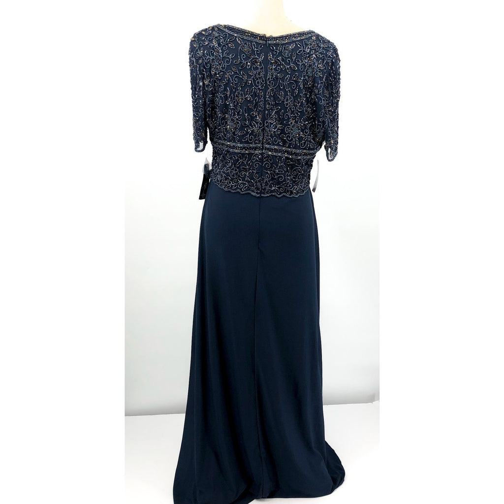PISARRO NIGHTS Beaded Bodice A-Line Gown Size 12 Navy Blue Short Sleeve NWT